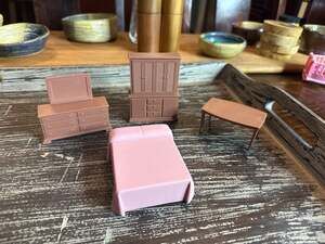 Vintage 1950s MPC Plastic Dollhouse Bedroom Furniture Set - Bed, Hutch, Dresser,